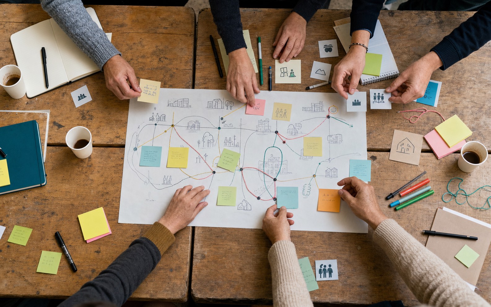 Mani che costruiscono una mappa di comunità con schizzi e post-it colorati
