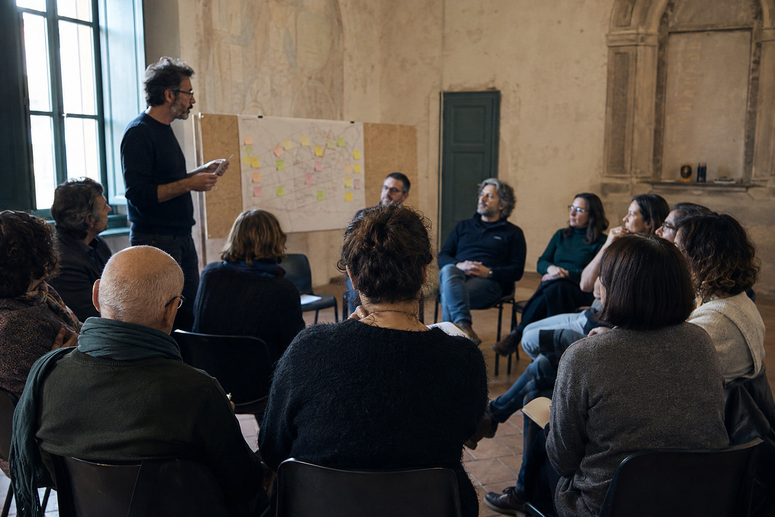Restituzione in plenaria: il gruppo seduto in cerchio ascolta chi presenta il lavoro su cartellone