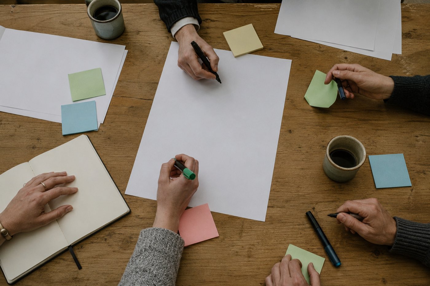 Vista dall’alto del tavolo di lavoro: mani, fogli, post-it e pennarelli