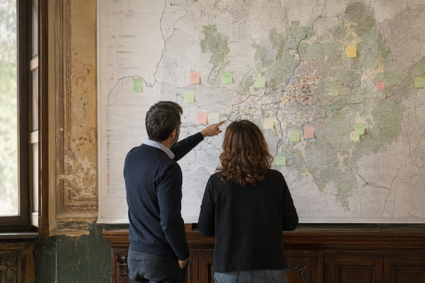 Una grande mappa territoriale alla parete, coperta di post-it e annotazioni